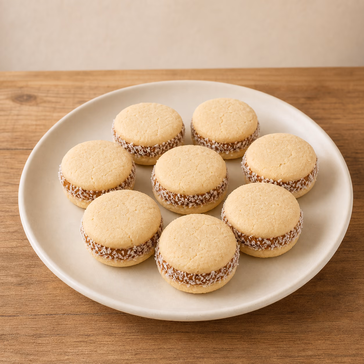 Alfajores de maicena caseros rellenos con manjar y borde de coco rallado.