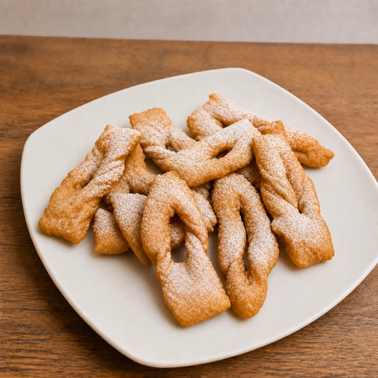Calzones rotos dorados y espolvoreados con azúcar flor sobre un plato claro.